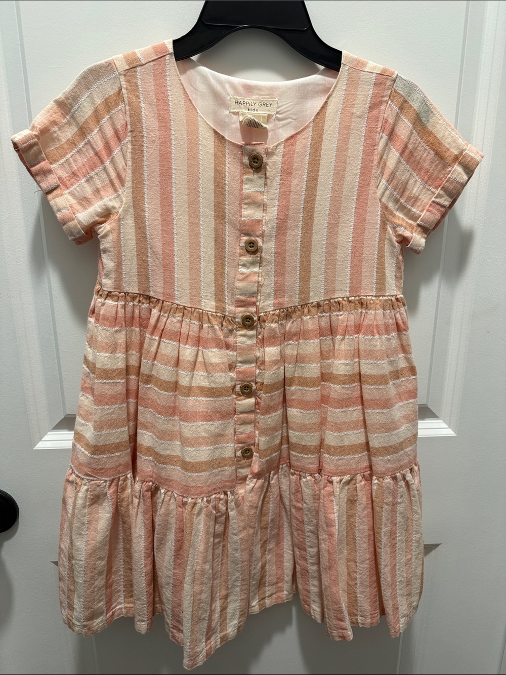 Happily Grey Girls' Pink & Cream Striped Button-Front Linen Dress